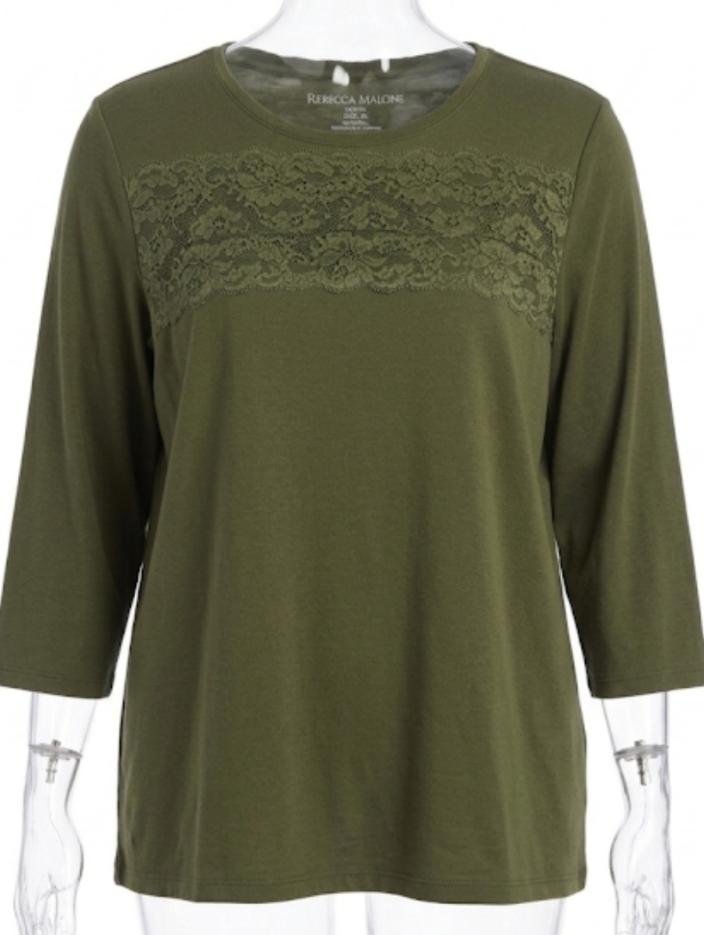Rebecca Malone Olive Green Lace Yoke Long Sleeve Top Women's XL Cabincore Casual